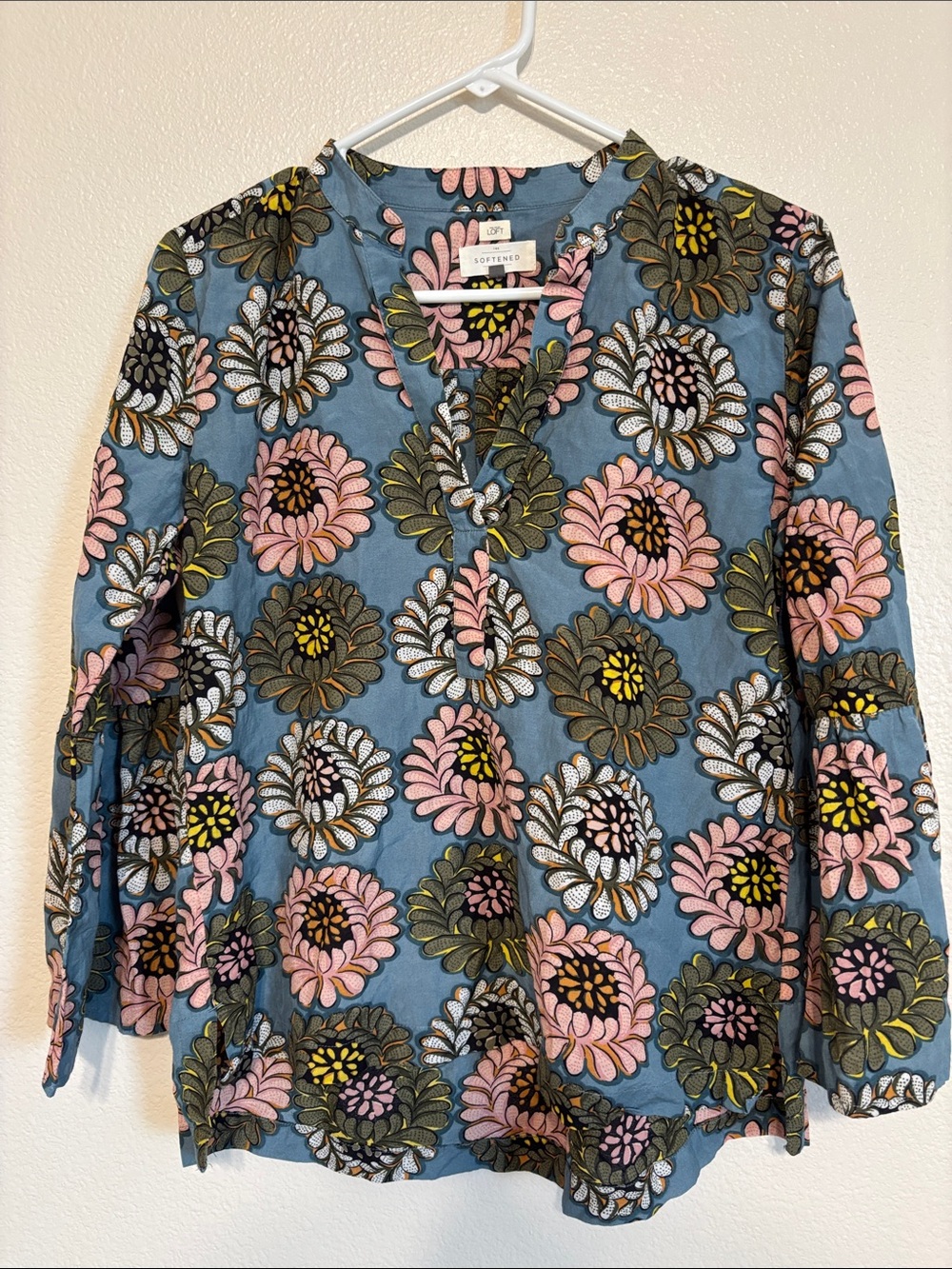 LOFT Blue Floral Tunic Top with Pink & Green Blooms
